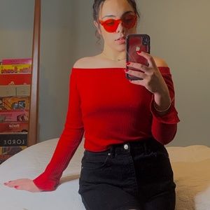 Plus Size Red Off The Shoulder Long Sleeve